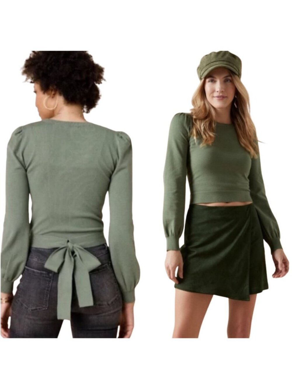 NWT Mi Ami Puff Sleeve Tie-Back Cropped Sweater S Sage Green Cottagecore Romanic